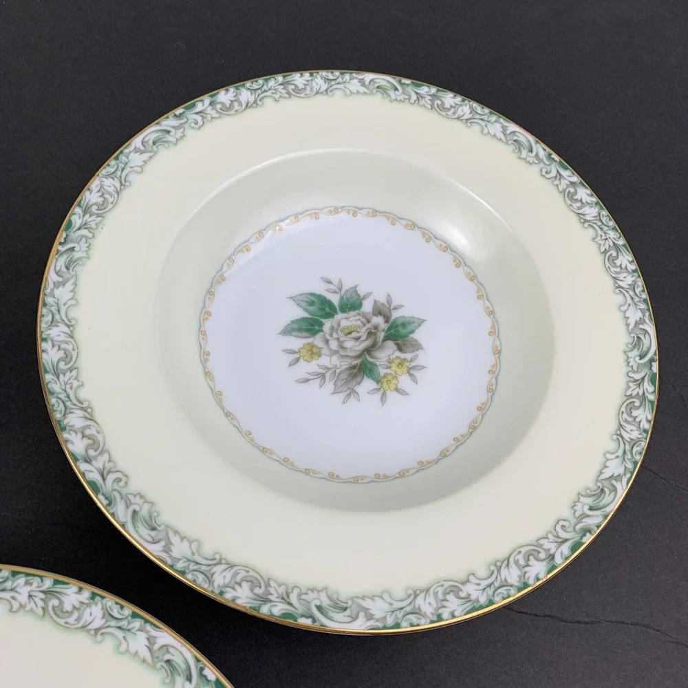 Noritake Mystery #14 Japan China Soup Bowls Green White Rose Gold Trim Set of 3